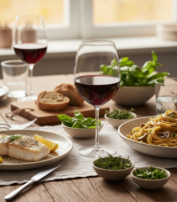 Pinot Noir Wein auf Essenstisch